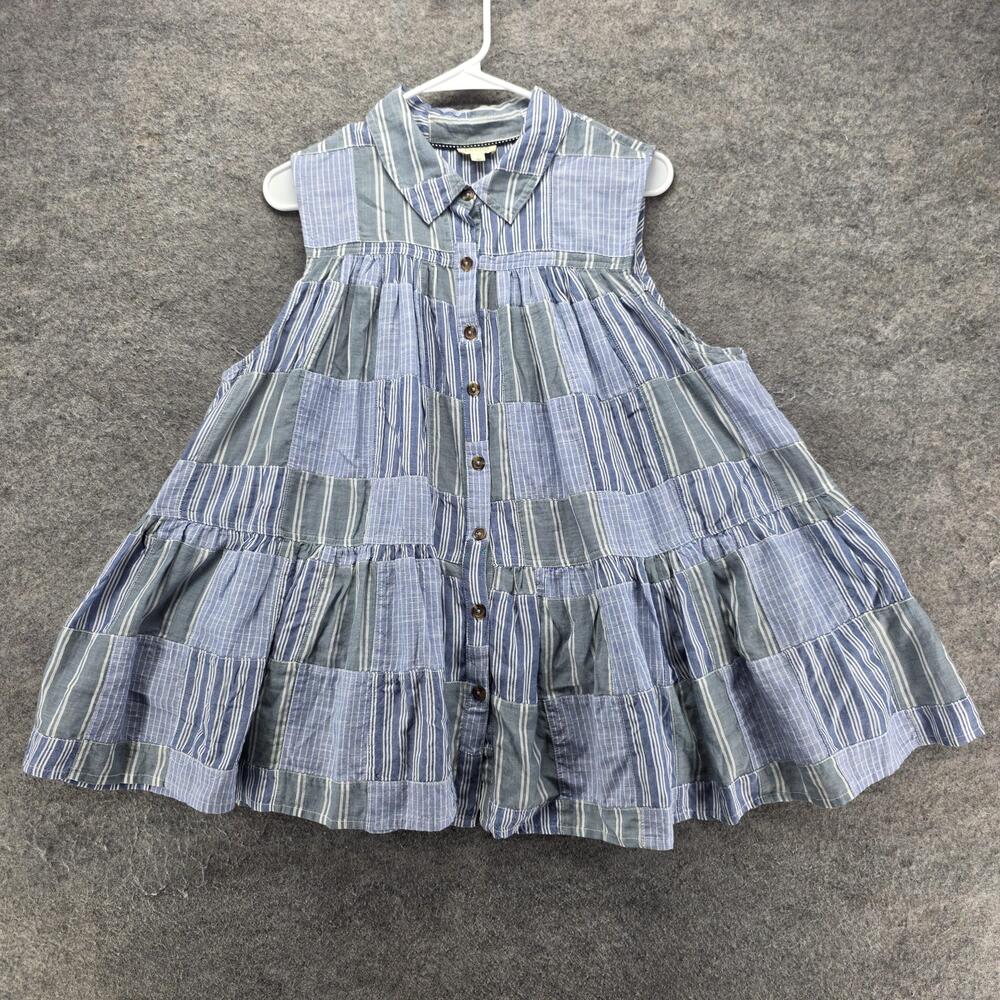 Pilcro Button-Up Tunic Womens L Blue Striped Sleeveless Tiered Relaxed Fit